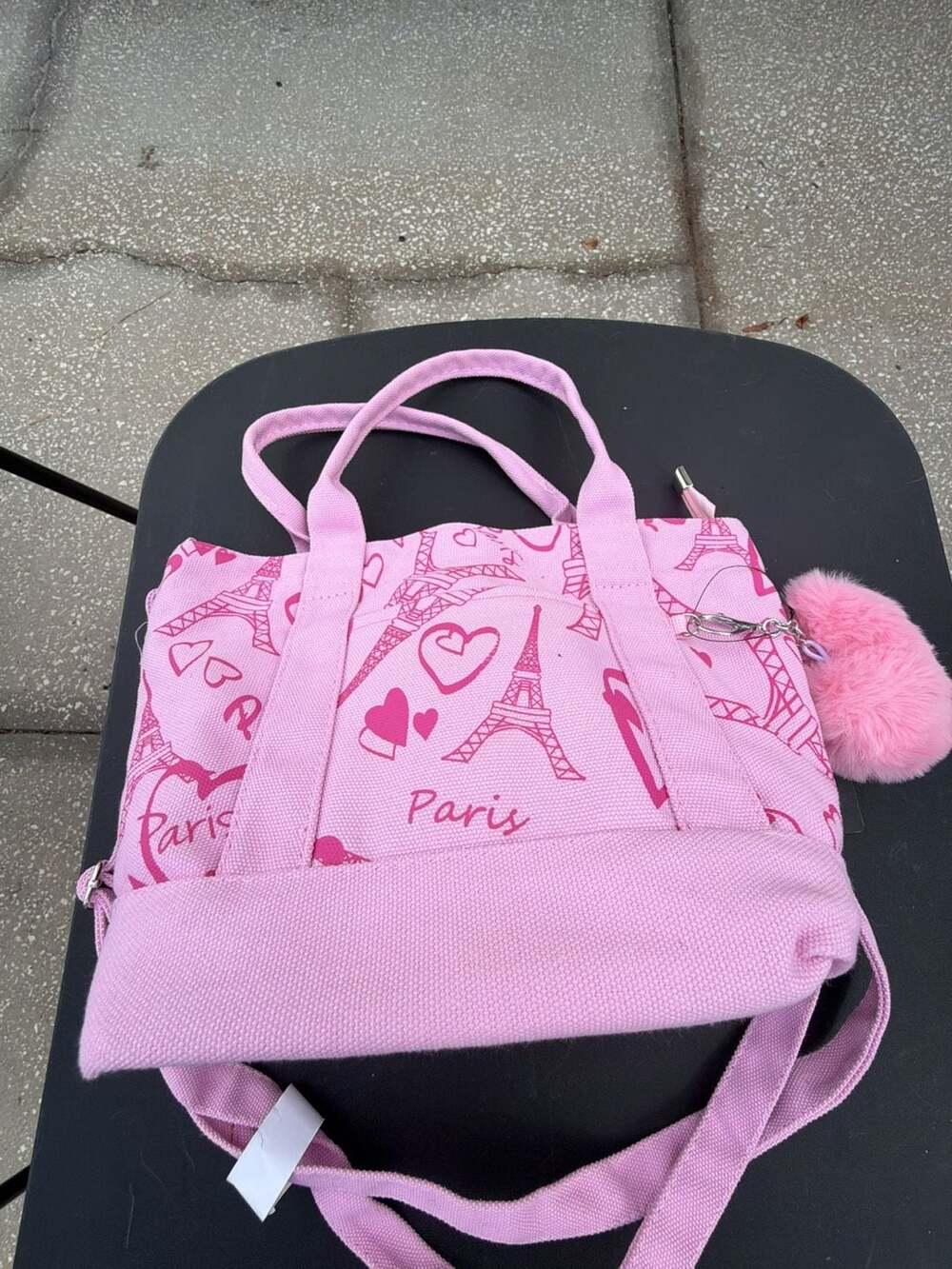 Becool Pink Paris Eiffel Tower Canvas Mini Tote Bag with Heart Pom Charm